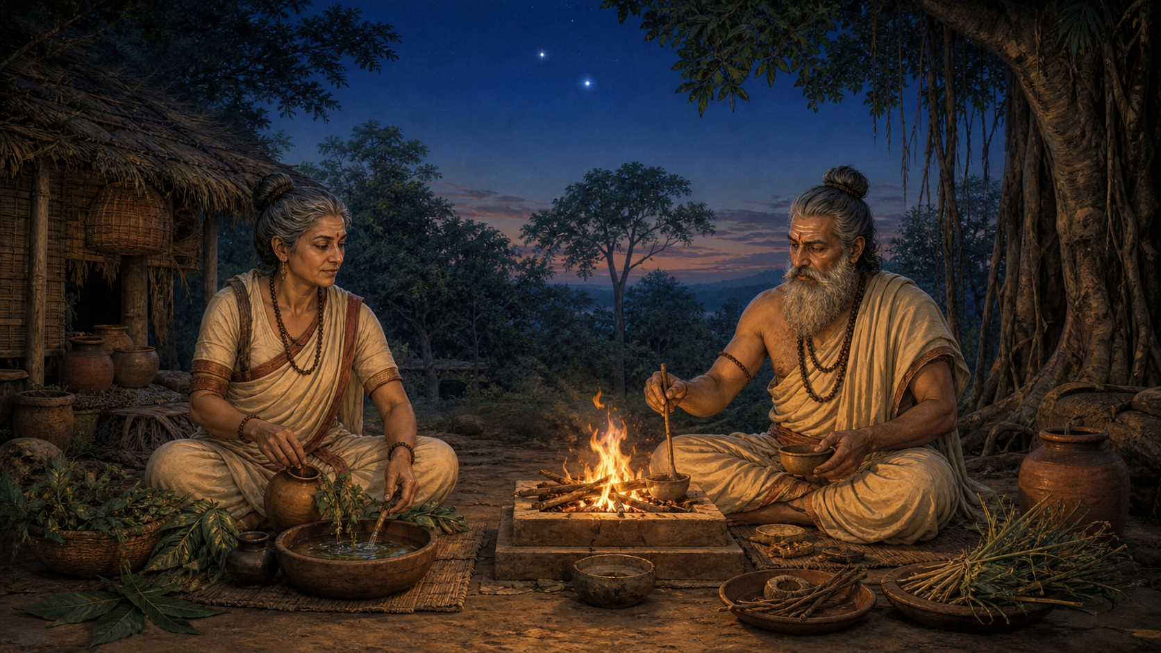 An ancient Indian sage-couple sit as equals beside a forest hermitage, sharing ritual and household tasks beneath two neighboring stars.