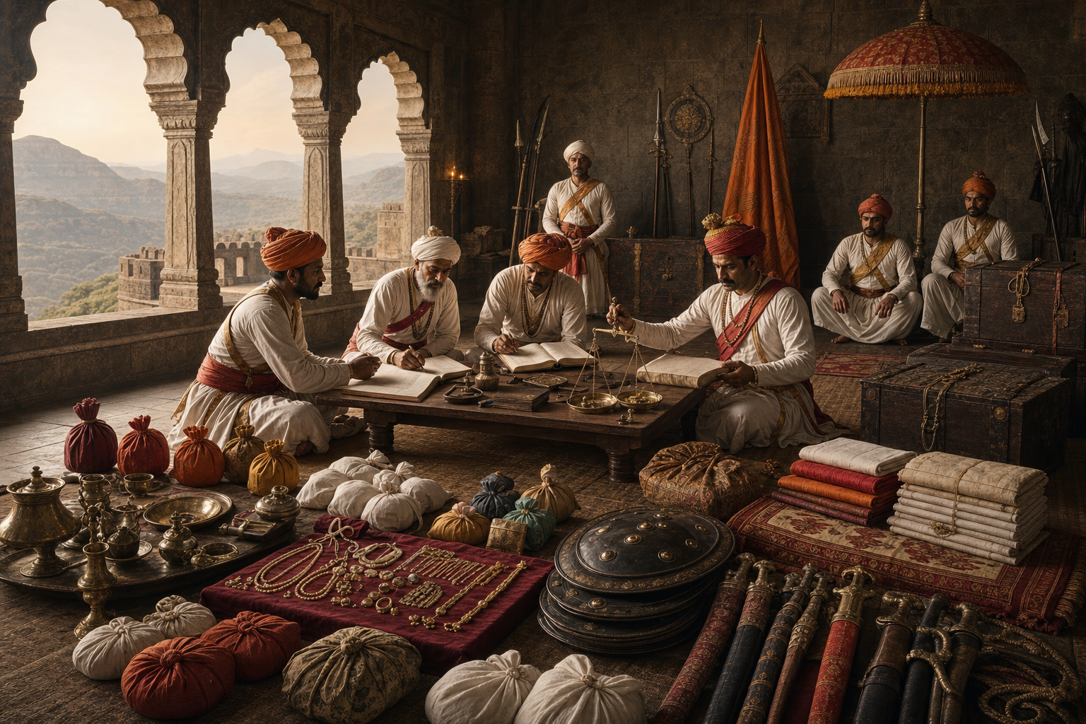 Maratha stewards and scribes count coins and inspect sealed chests, weapons, ceremonial textiles, and ritual vessels inside a hill-fort treasury.