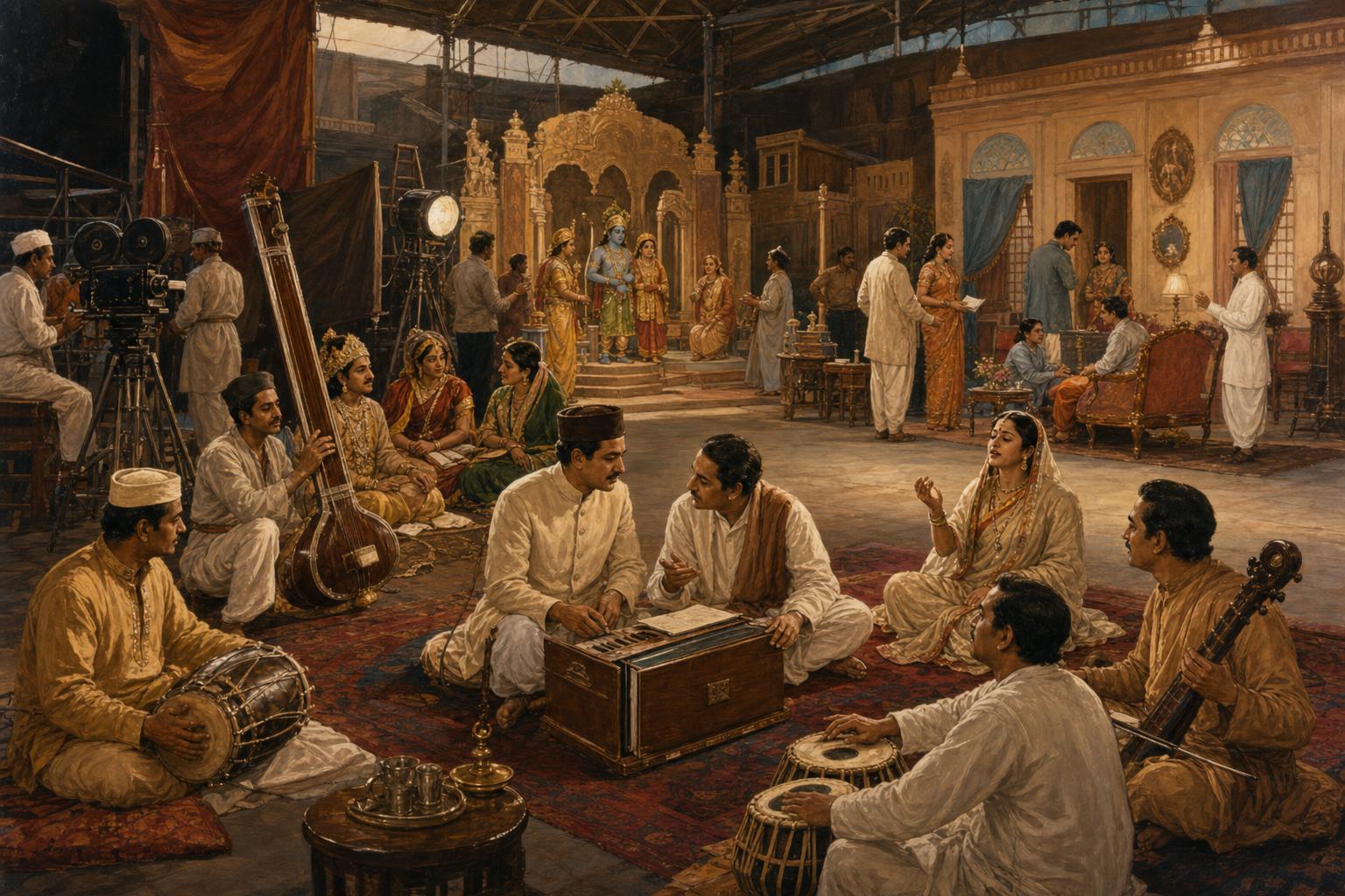 Poets, composers, devotional and folk performers, classical musicians, actors, and writers collaborate in a 1940s film studio courtyard.
