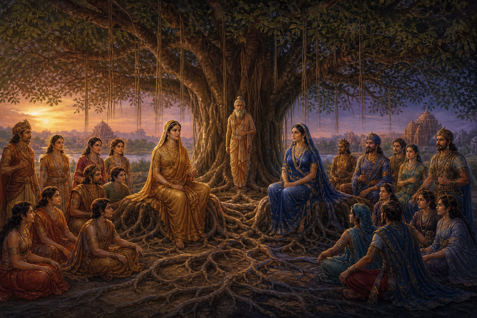Two ancestral mothers sit beneath separate branches of a large banyan tree as groups of descendants gather around them and a sage stands near the shared trunk.