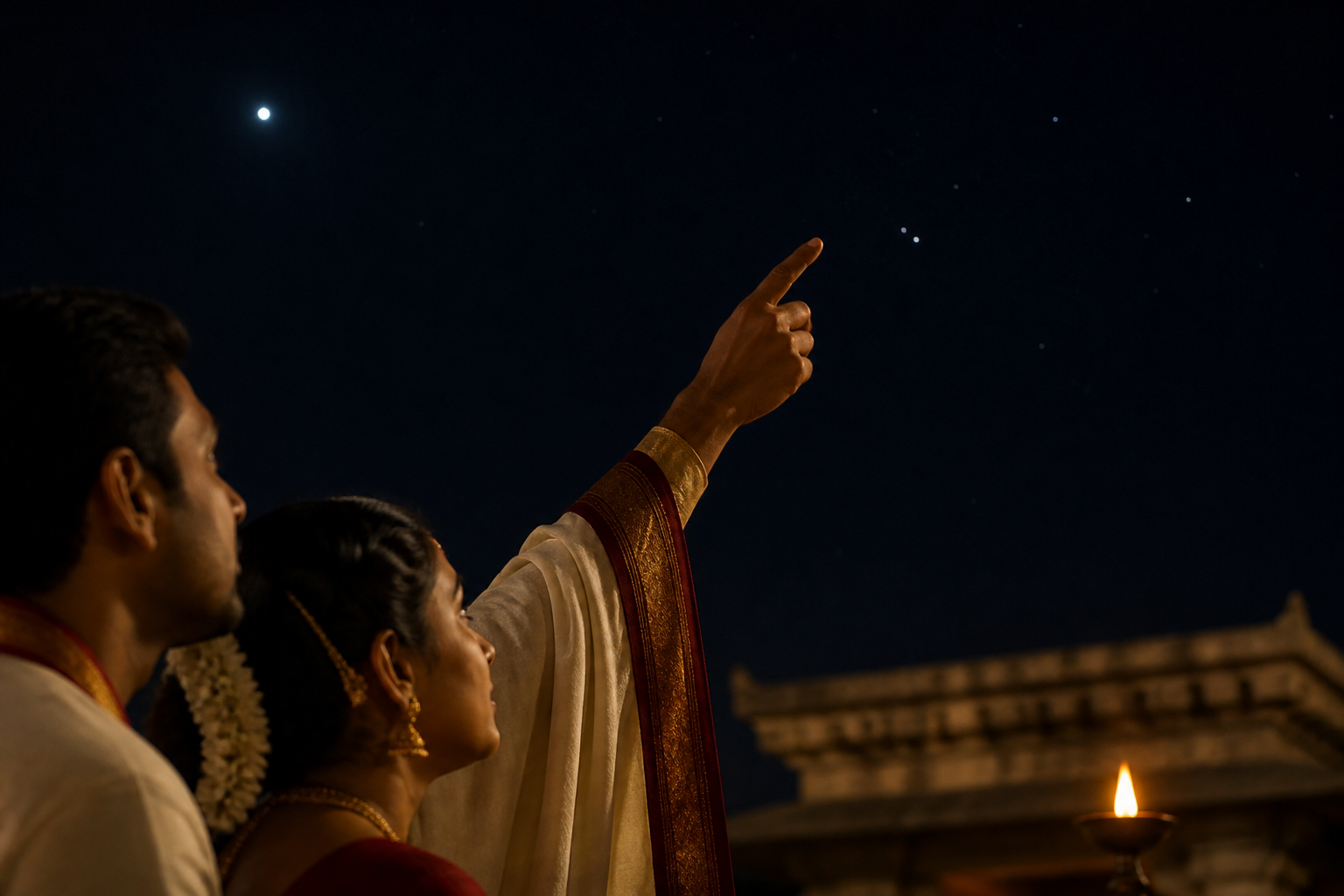 A priest's raised hand guides a married couple from a bright star toward a fainter neighboring pair in the night sky.