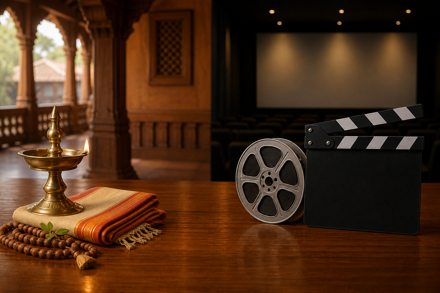 A brass oil lamp, prayer beads, woven cloth, unmarked film reel, and blank clapperboard arranged on a wooden table.