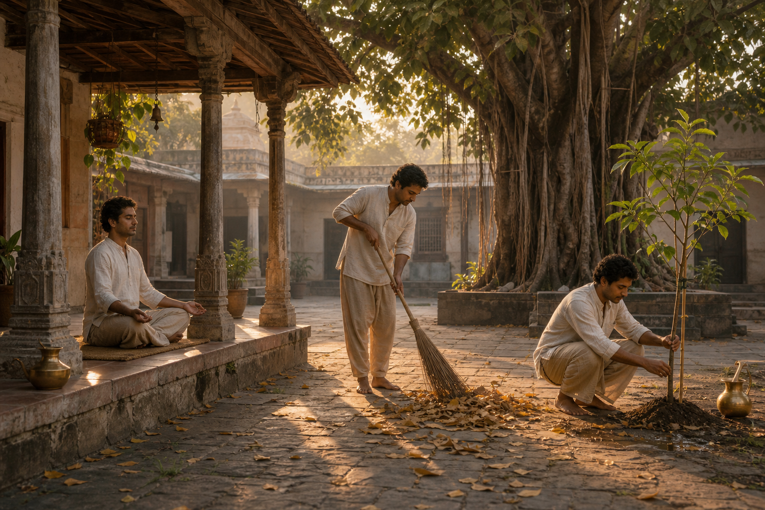 A person practices breathing, sweeps a courtyard, and tends a young tree during a quiet dawn routine.