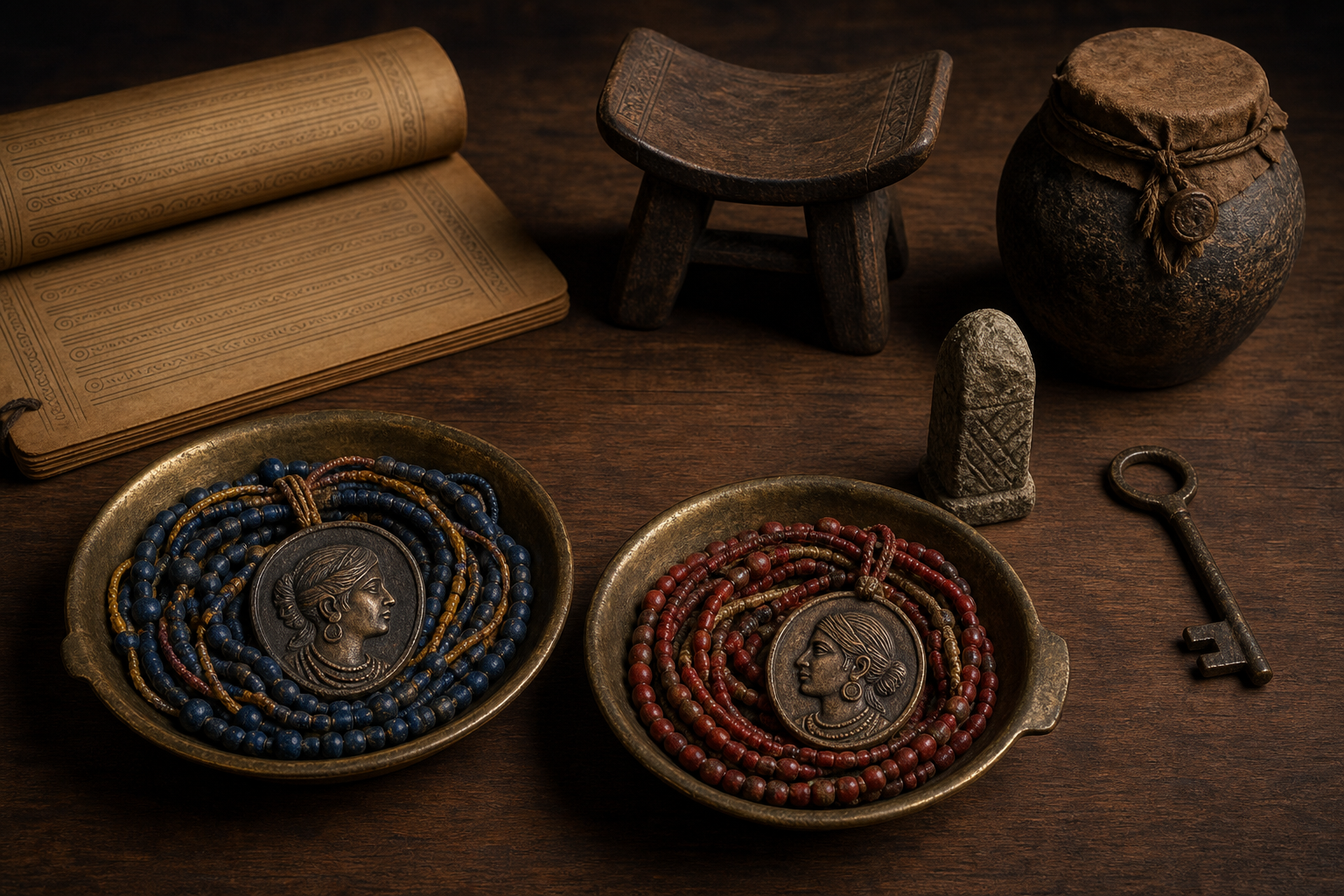Two bronze vessels hold color-coded bead strands around maternal portrait medallions, while a ceremonial seat, key, boundary marker, and storage jar remain separate on the table.