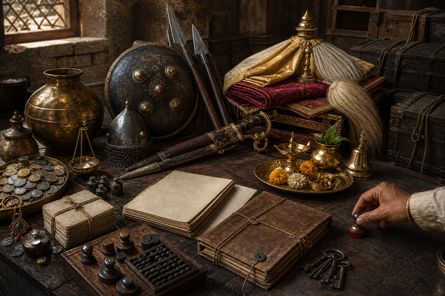 Coins, arms, ceremonial regalia, ritual vessels, and administrative tools are arranged in five clusters on a treasury floor.