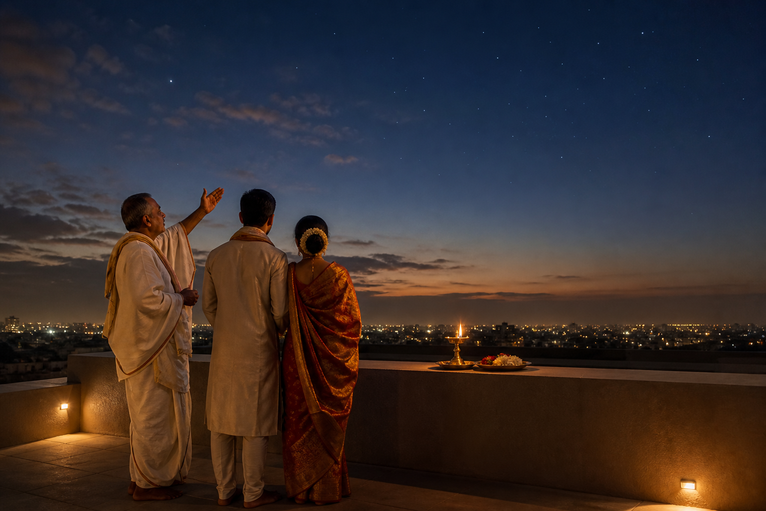 A newly married couple and priest look toward a darker part of the sky from a rooftop beyond the brightest city lights.