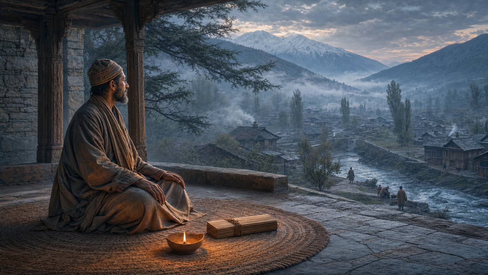 An anonymous medieval Kashmiri practitioner sits in an open stone pavilion overlooking a misty mountain valley, with a lamp and bundled manuscript beside him.
