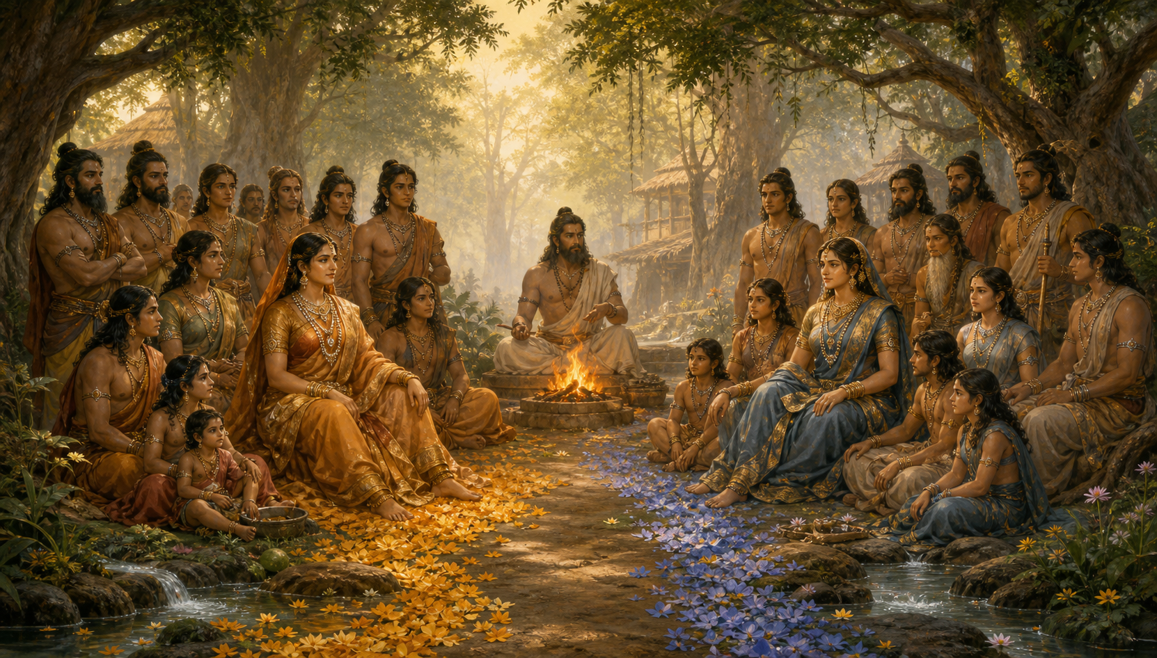 Diti and Danu stand with separate circles of descendants at a forest hermitage while Kashyapa remains visible beside a shared sacred fire behind them.