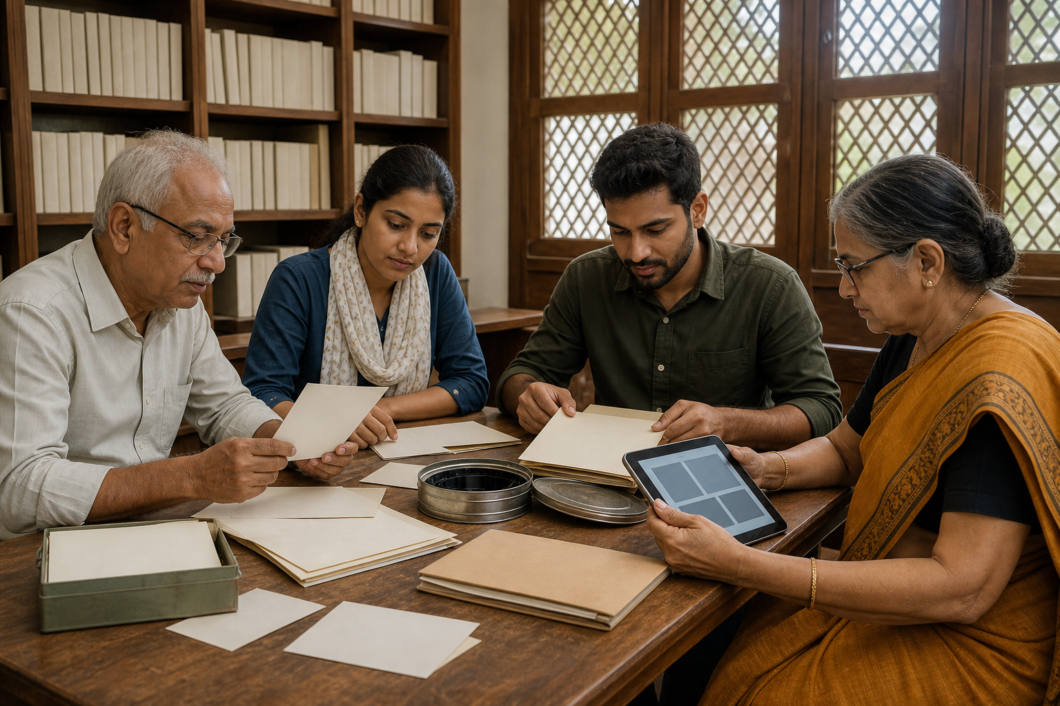 Four adults examine blank photographs, folders, a tablet, and an unmarked film canister around a library table.
