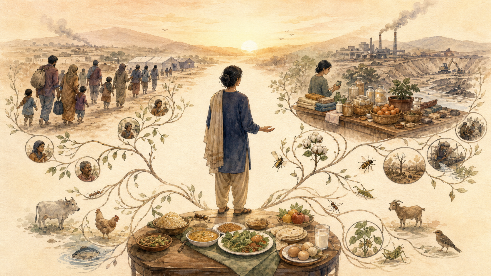 An illustrated person pauses among connected scenes of conflict, shopping, and food while human, animal, plant, and insect life surrounds each choice.