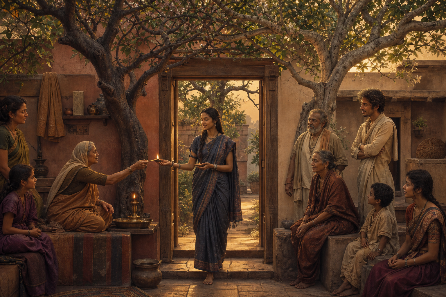 A daughter carries a flame from an older woman's lamp across a courtyard threshold as several generations of relatives watch beneath overlapping tree branches.