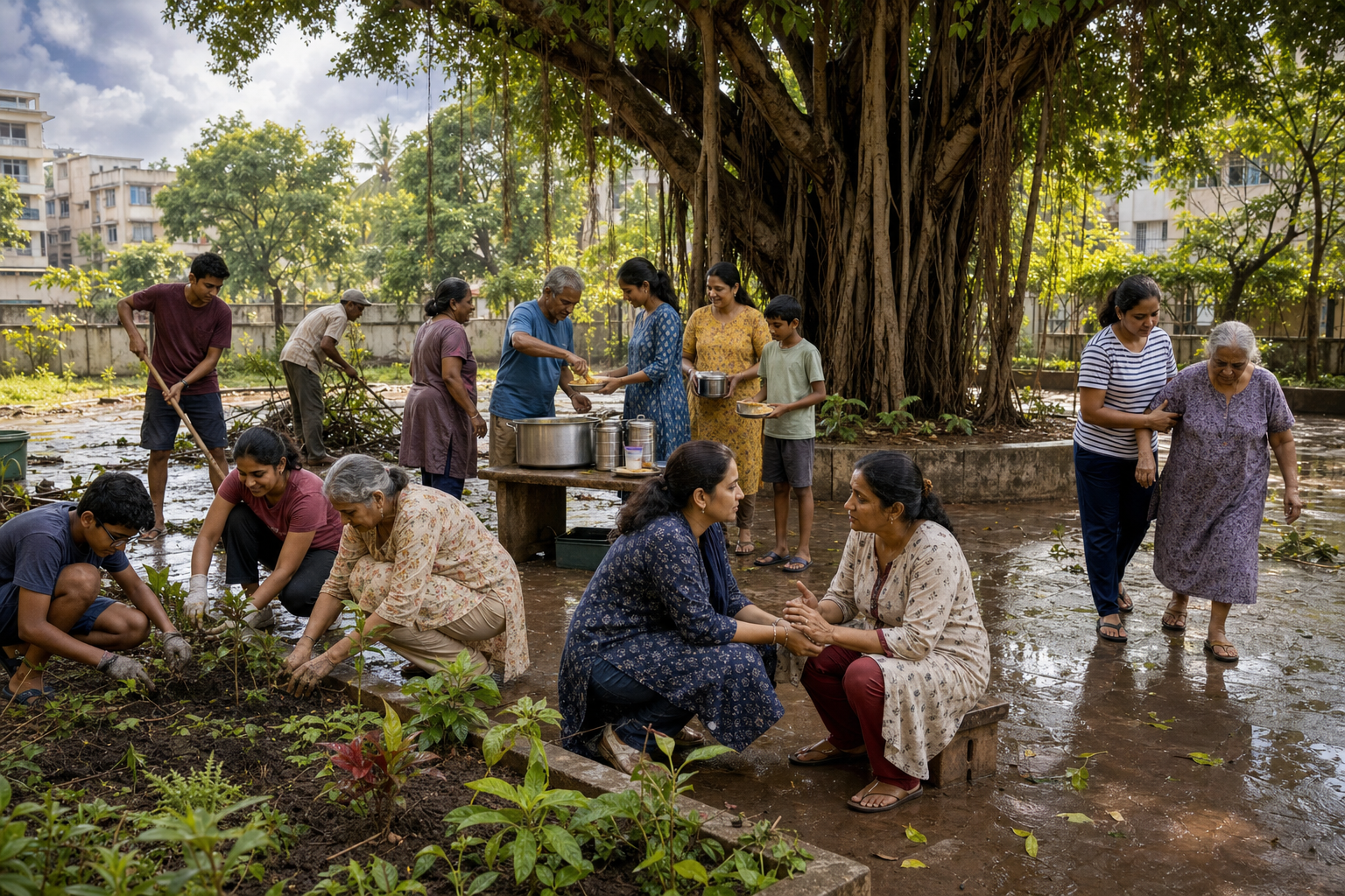 Neighbors of different ages repair a storm-damaged courtyard garden and support one another beneath a banyan tree.