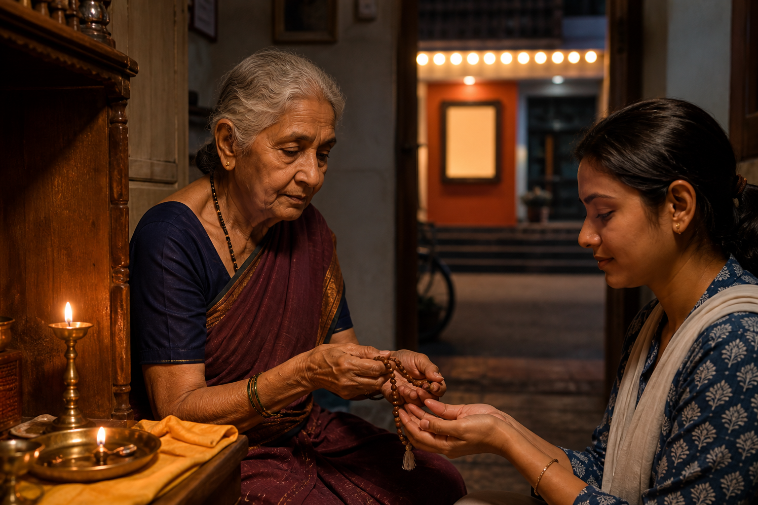 An older woman passes prayer beads to a younger adult beside a brass lamp, with an unmarked cinema entrance visible beyond the room.