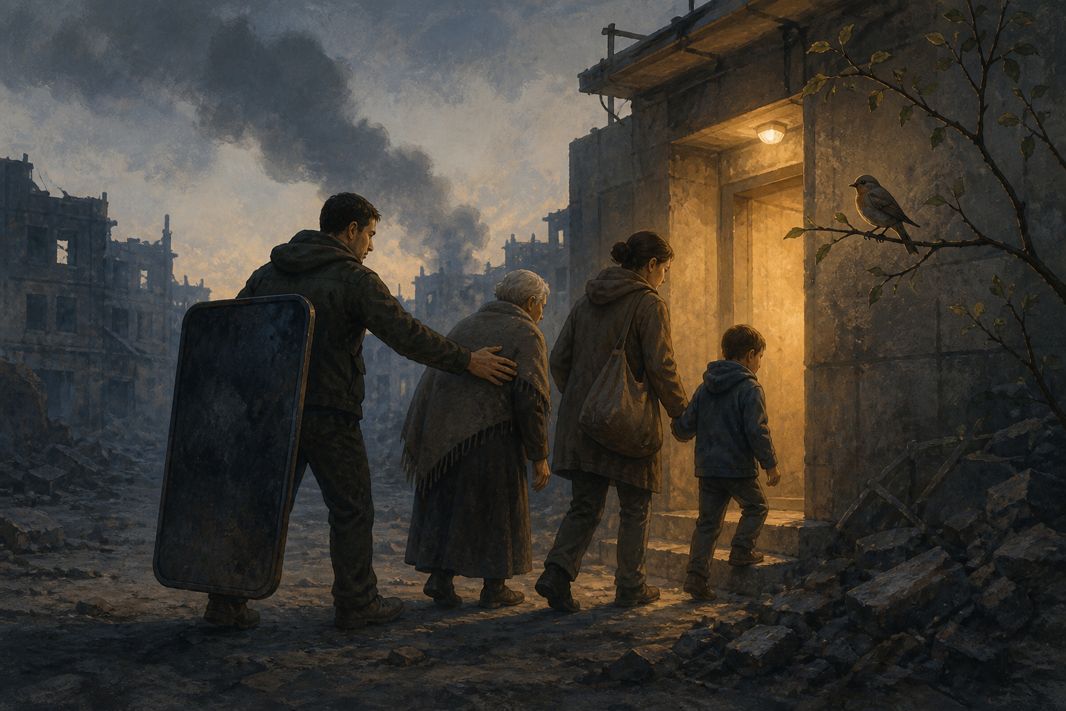 An unarmed defender uses a shield to protect and guide civilians toward a lit shelter beside damaged buildings.