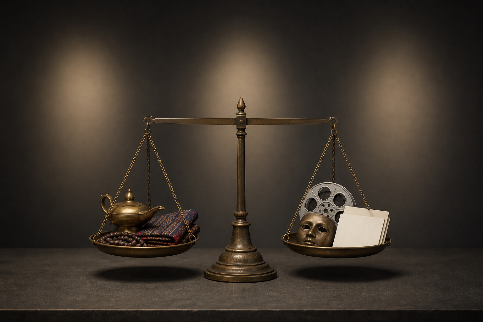 A level balance scale weighs devotional objects against an unmarked film reel, blank storyboard cards, and a neutral theatrical mask.