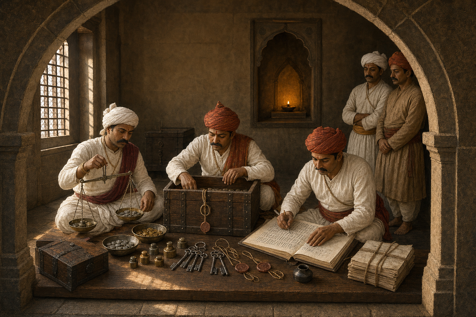 Treasury officials weigh coins, verify a sealed chest, and update a ledger while witnesses observe in a stone chamber.