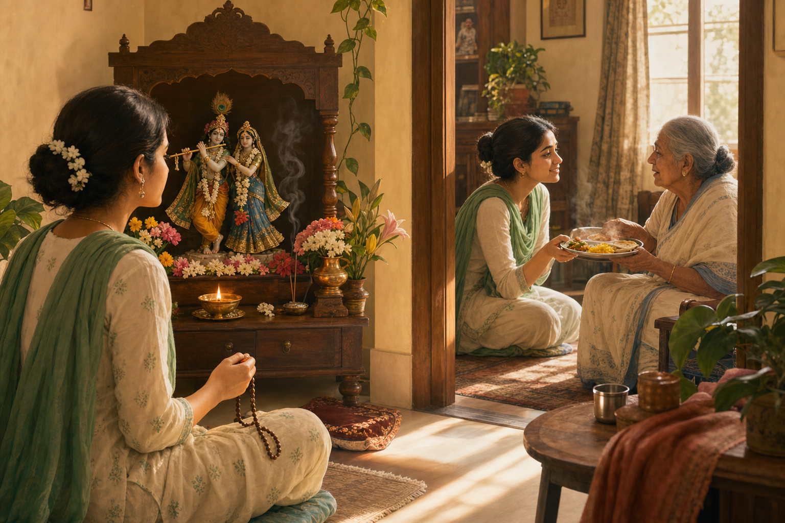 A person completes morning prayer beside a flower-decorated home shrine and then shares a meal with an elderly family member in a sunlit room.