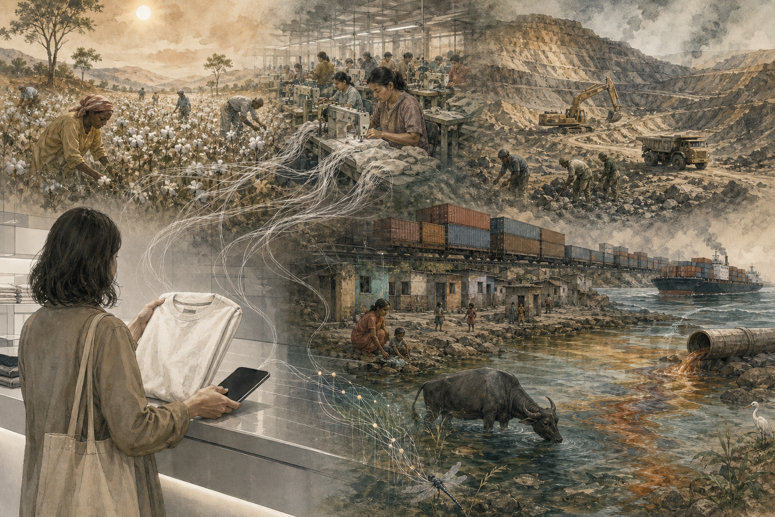 A shopper holds a plain shirt and electronic device while their supply chains extend into fields, a workshop, a mine, shipping containers, and a polluted river.