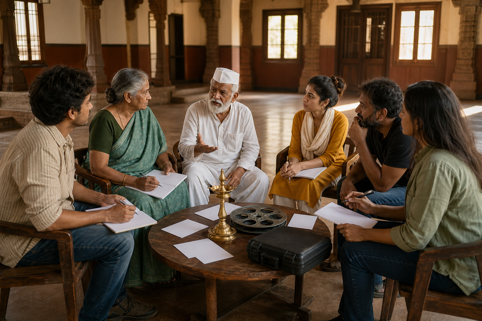 Six people hold a calm roundtable discussion with a brass lamp, an unmarked film reel, and blank storyboard cards at the center.