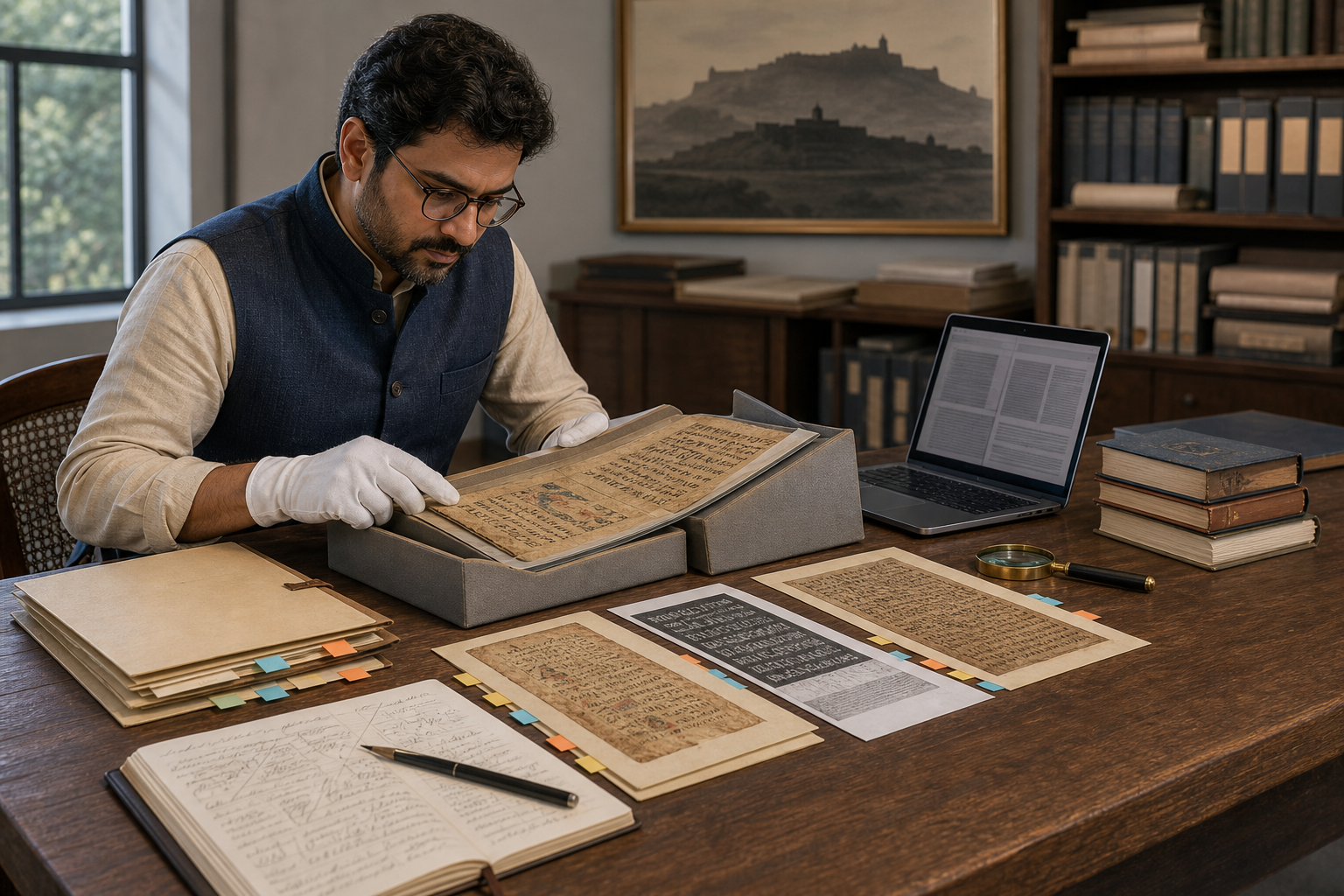A historian compares manuscript folios, archival folders, reference books, and a laptop at a research table.
