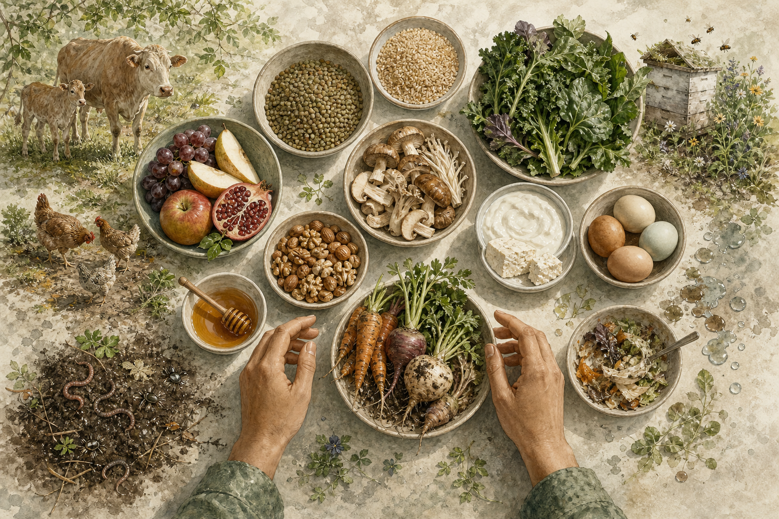 Hands pause over dishes of plant foods, dairy, eggs, honey, and root vegetables surrounded by small scenes of farm animals, bees, soil life, water, and leftovers.