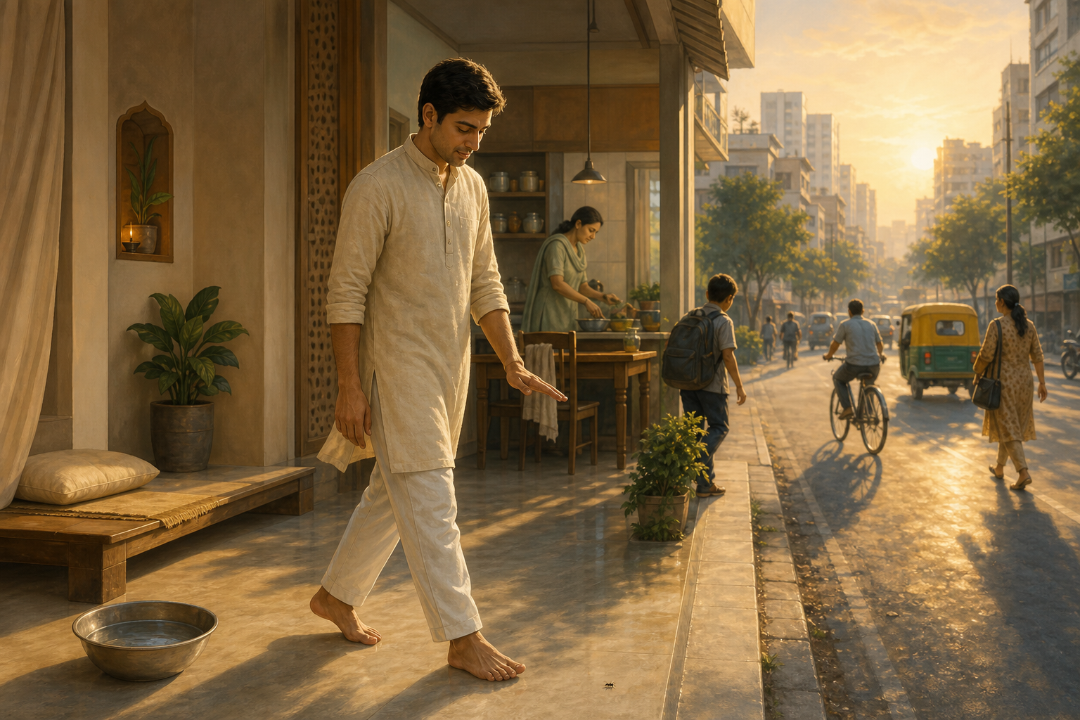 A Jain lay practitioner moves from morning meditation into household and city life while carefully avoiding harm to a small insect.