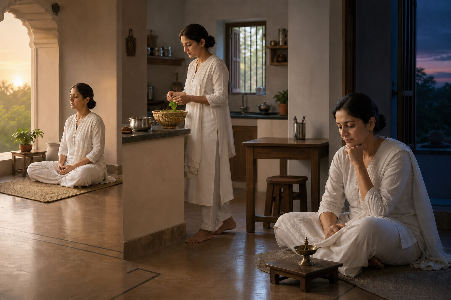 One continuous scene shows a Jain practitioner meditating at sunrise, acting carefully during the day, and reflecting quietly at night.