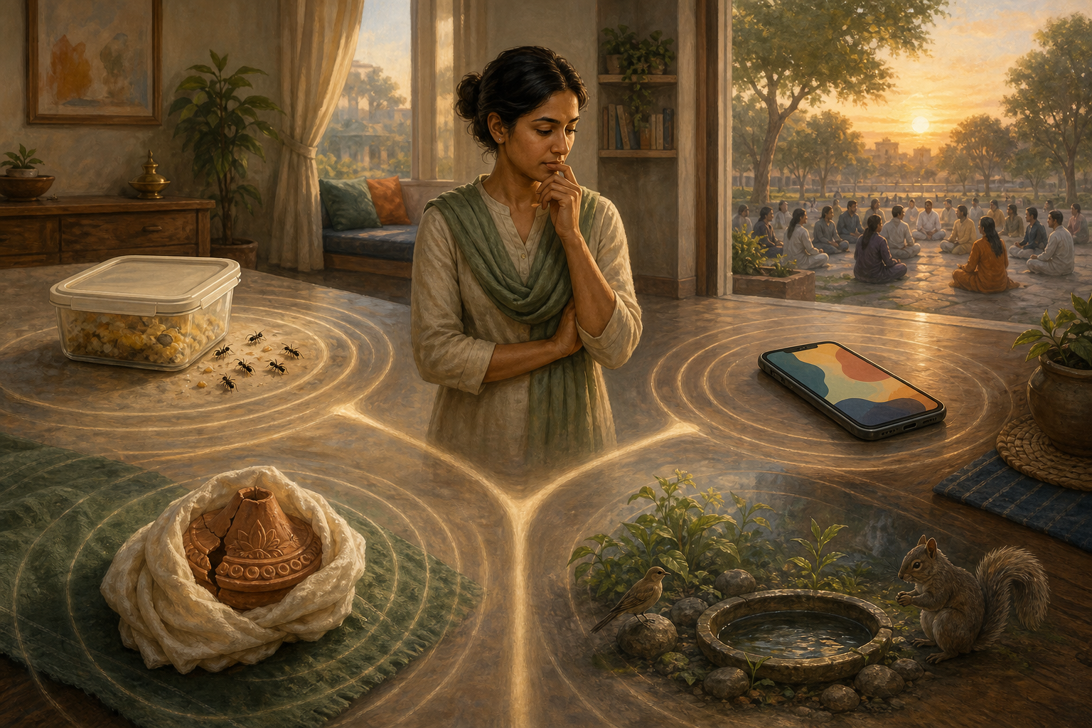A thoughtful person pauses at a crossroads connecting scenes of household pests, social media, a wrapped broken object, and a peaceful public gathering.