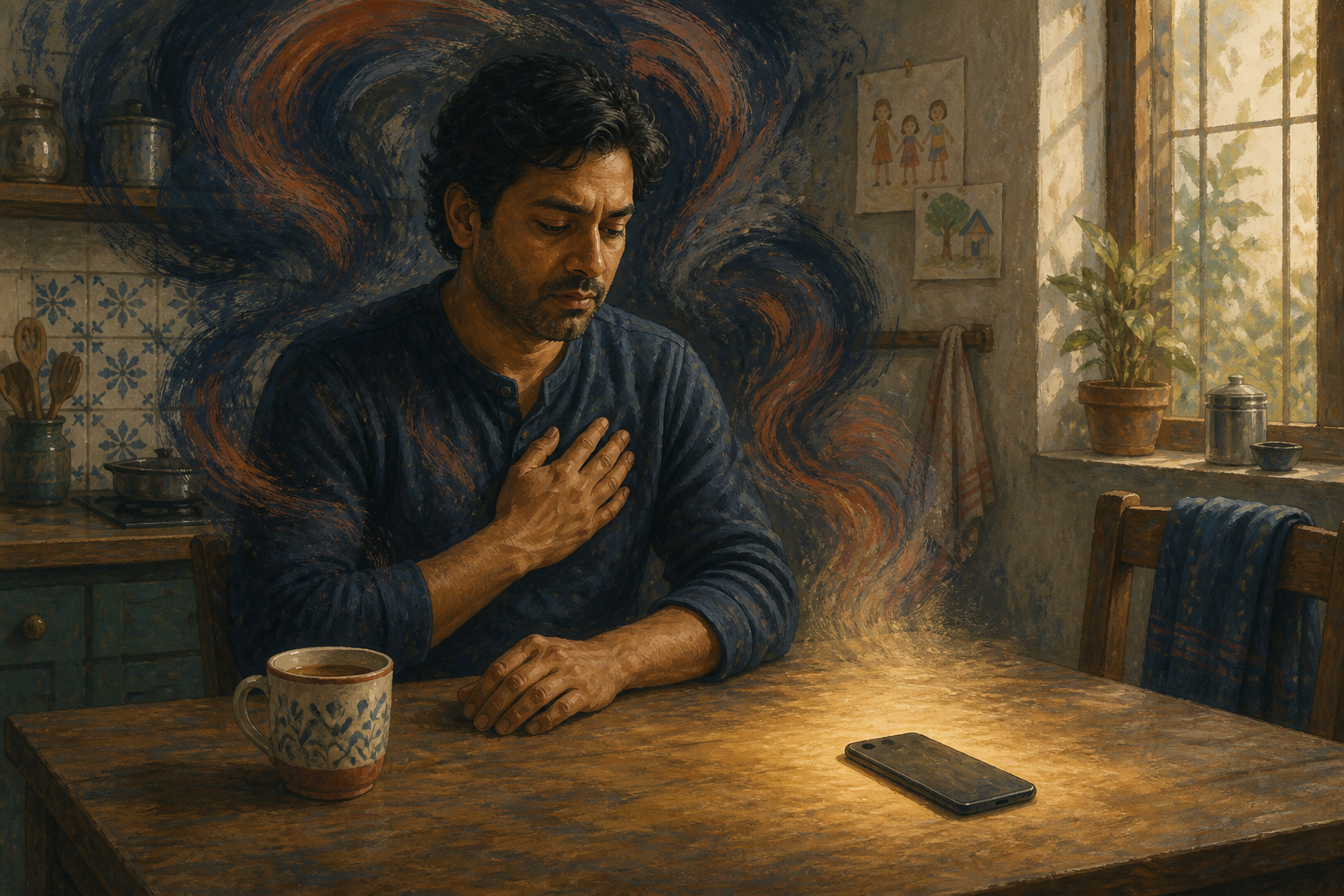An adult pauses at a kitchen table beside a face-down phone as dark swirling brushstrokes surround a small area of warm light.