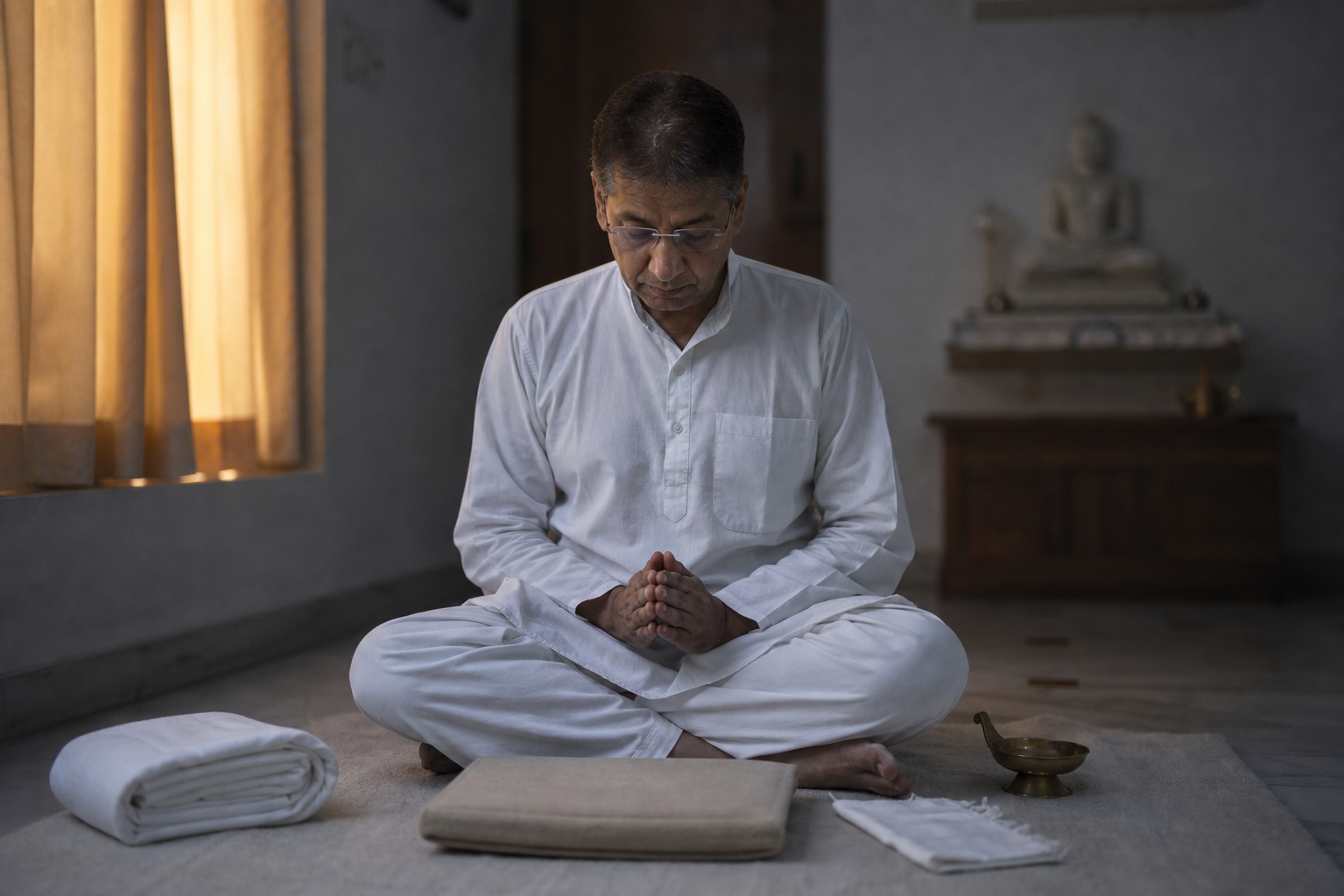 A Jain practitioner sits in evening reflection on a floor mat, surrounded by simple wordless objects associated with disciplined spiritual observance.