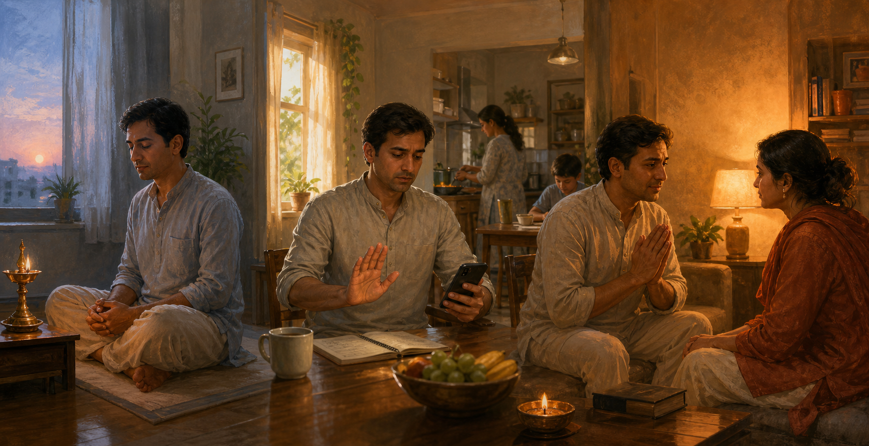 Three connected scenes show morning reflection, a pause during a stressful message, and reconciliation after a family disagreement.