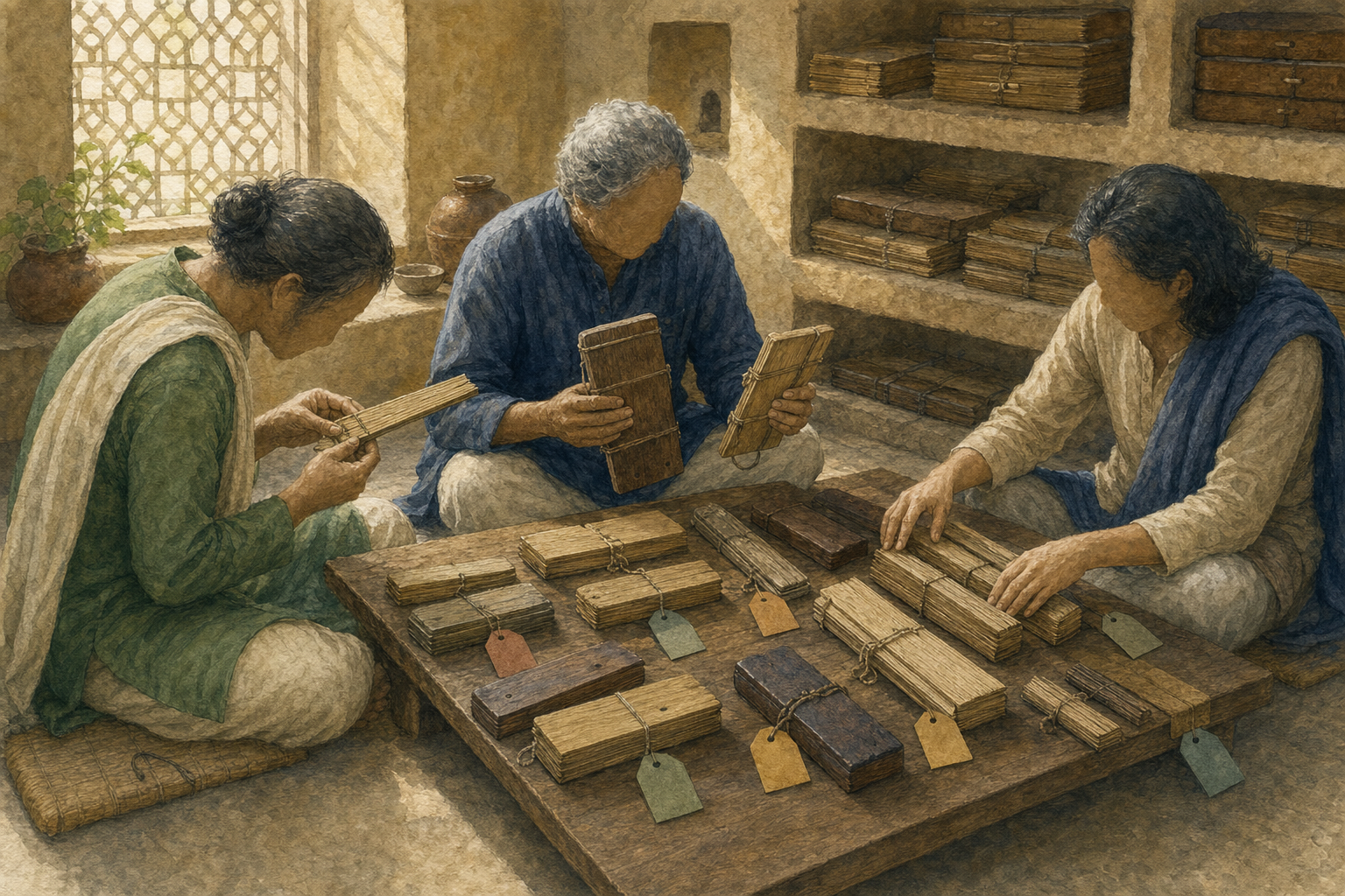 Three scholars compare and sort bundles of palm-leaf manuscripts in a quiet library.