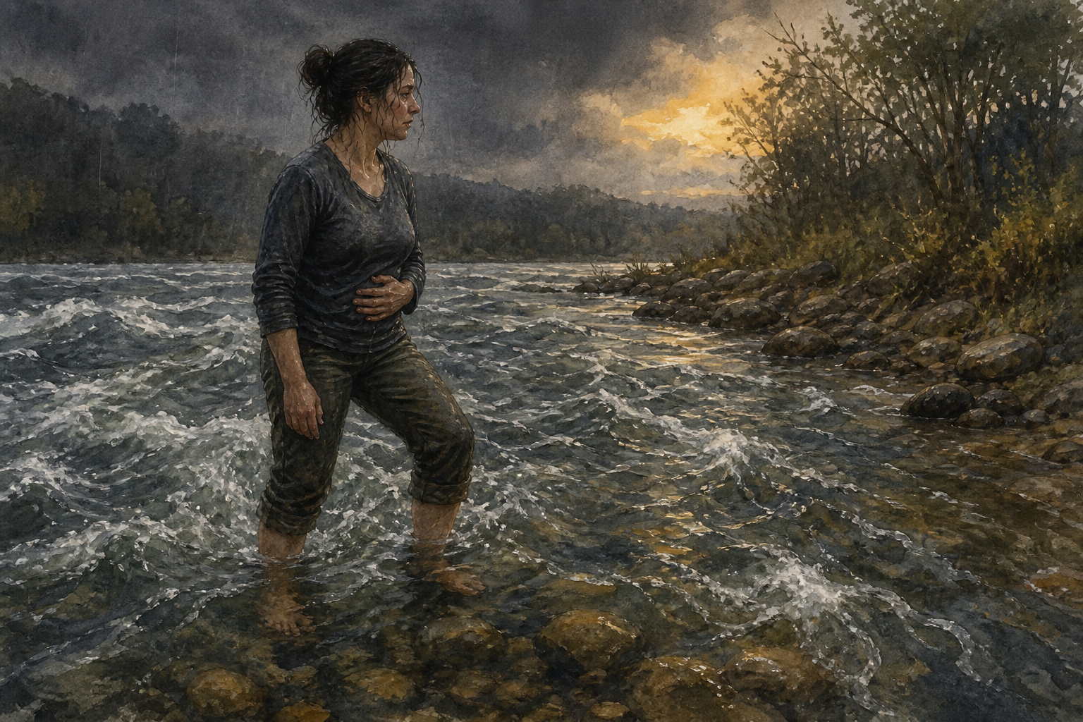 A person stands steadily on submerged stones while fast river water continues to flow around their legs.
