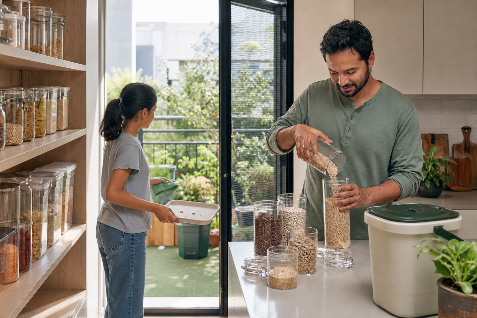 Two people clean a kitchen, seal grains in glass containers, and move a tray with live insects toward a balcony garden.