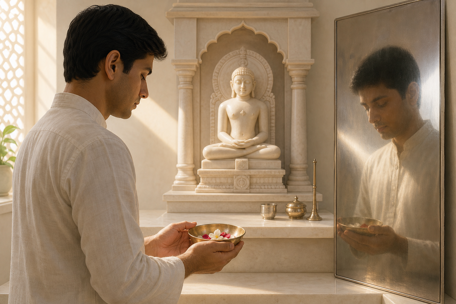 A Jain practitioner offers flower petals at a Tirthankara altar while a nearby reflection emphasizes inward contemplation.