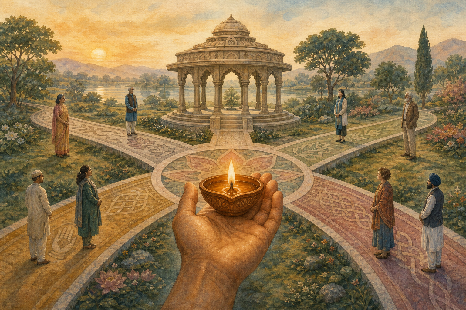 A diverse group of adults follows converging paths toward a circular pavilion while a central hand shelters a glowing oil lamp.