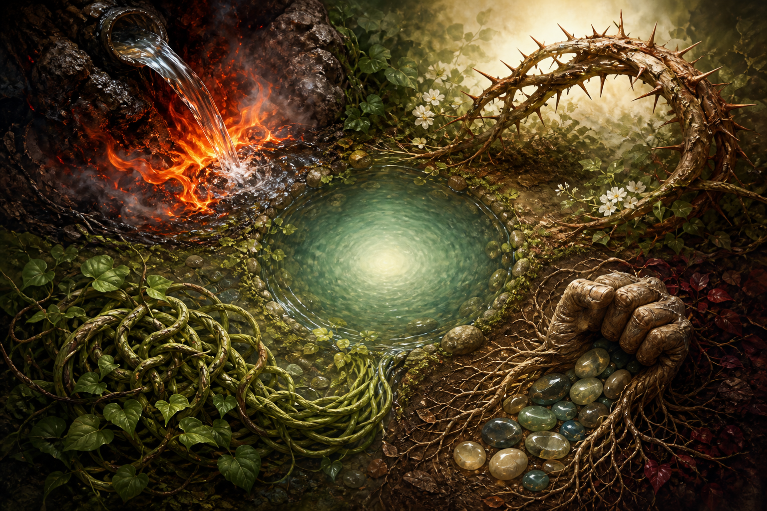Four symbolic natural scenes depict fire being cooled, a thorny branch bending, a vine untangling, and roots releasing stones around a calm pool.