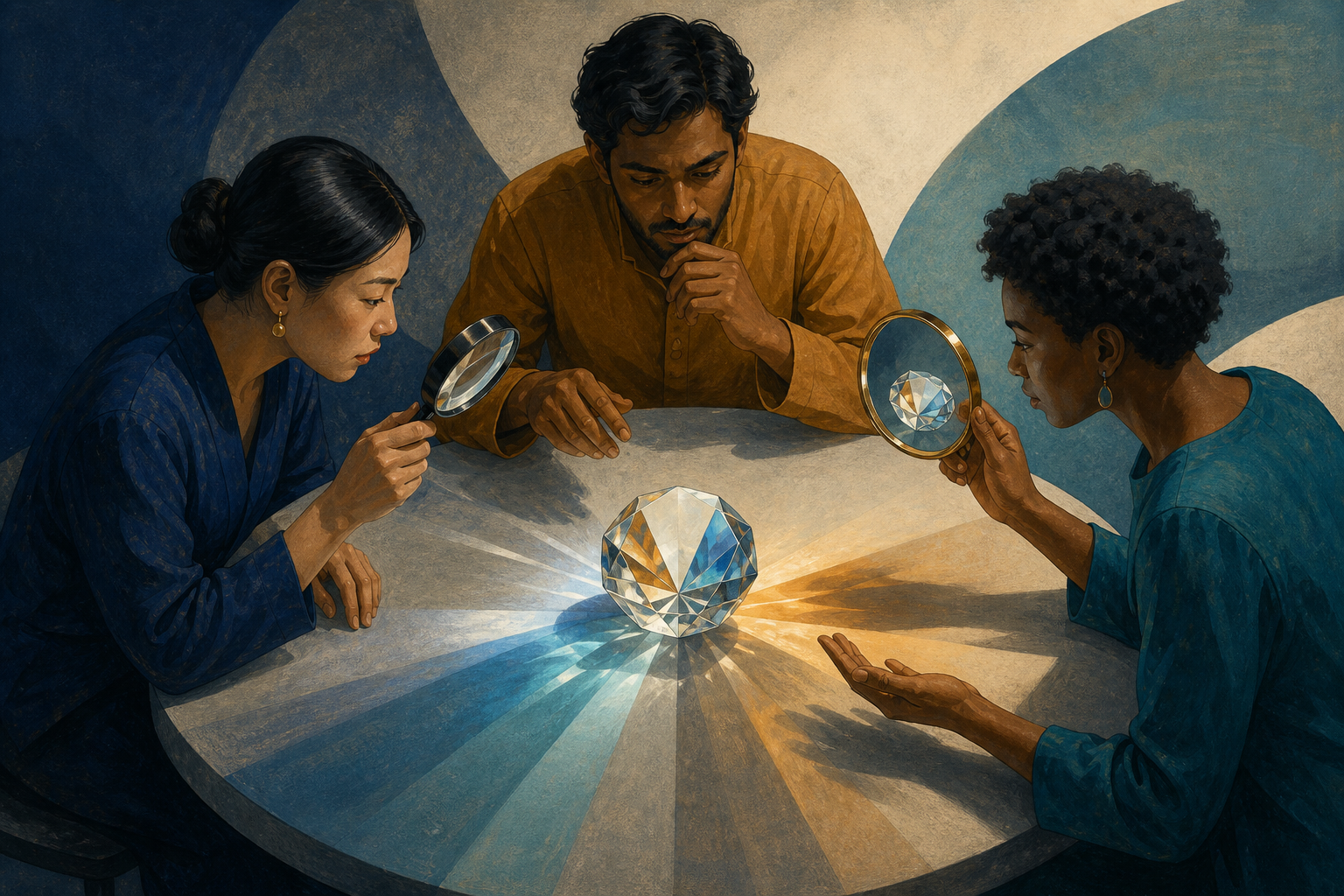 Three people examine one faceted stone directly, through a magnifying lens, and in a mirror as their viewpoints converge at the table center.