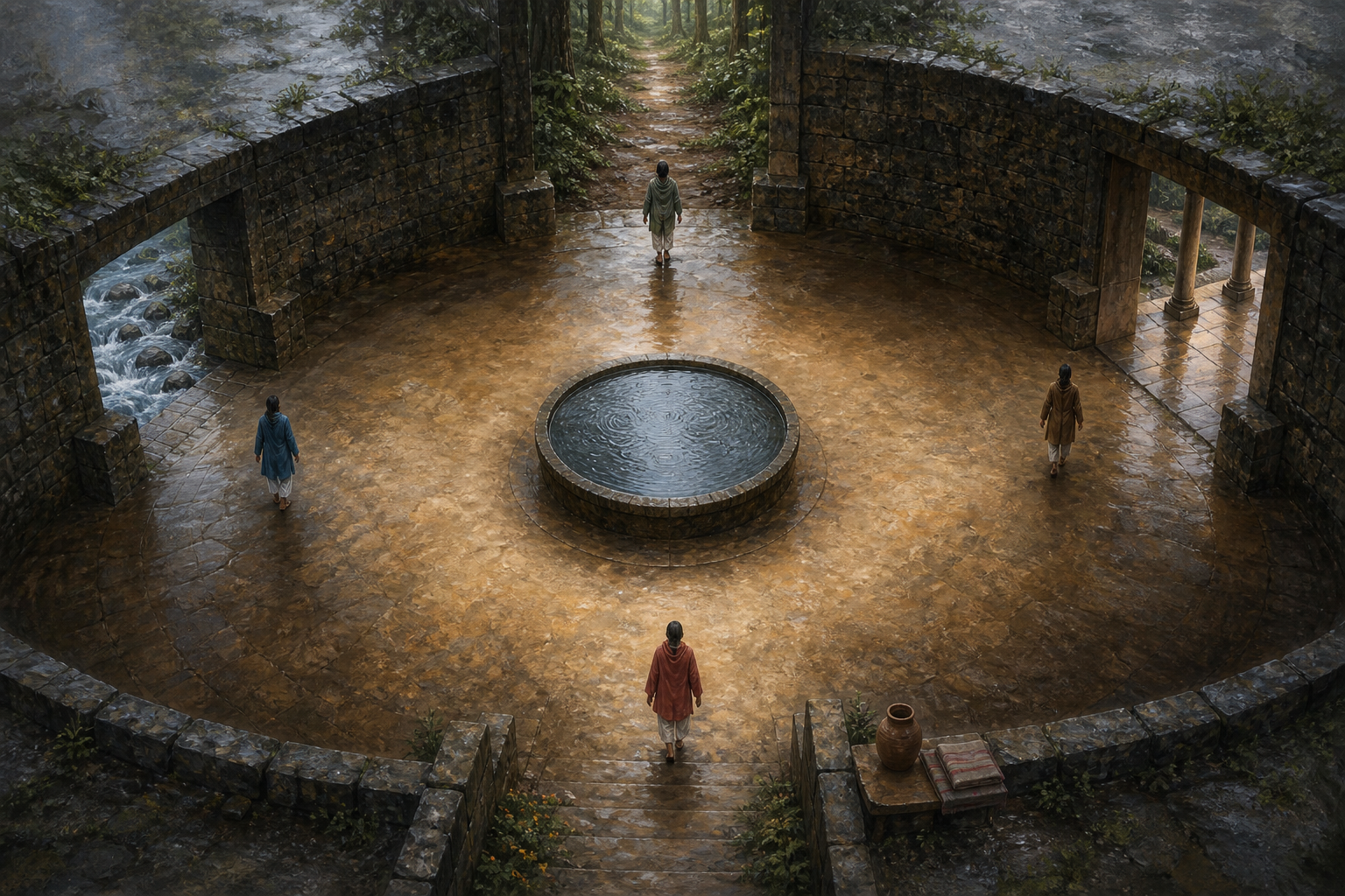 Four people enter a circular stone courtyard through separate passages leading from a forest, waterway, veranda, and path with household objects.