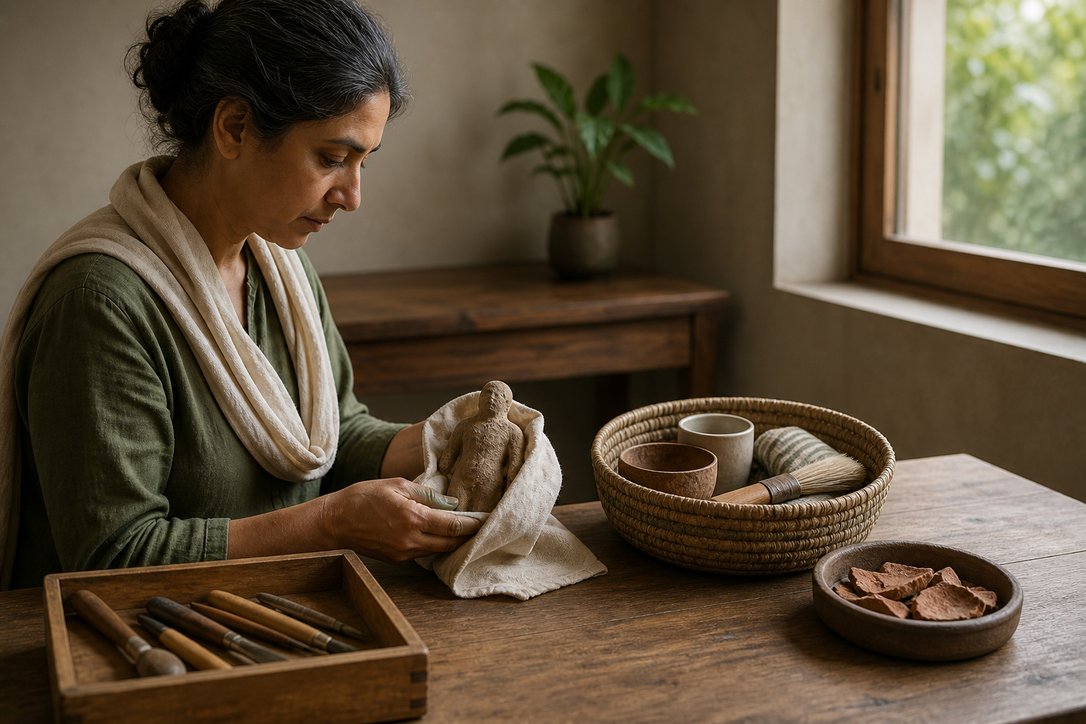 A person carefully wraps a damaged clay devotional figure beside repair tools, a donation basket, and a container of plain clay fragments.