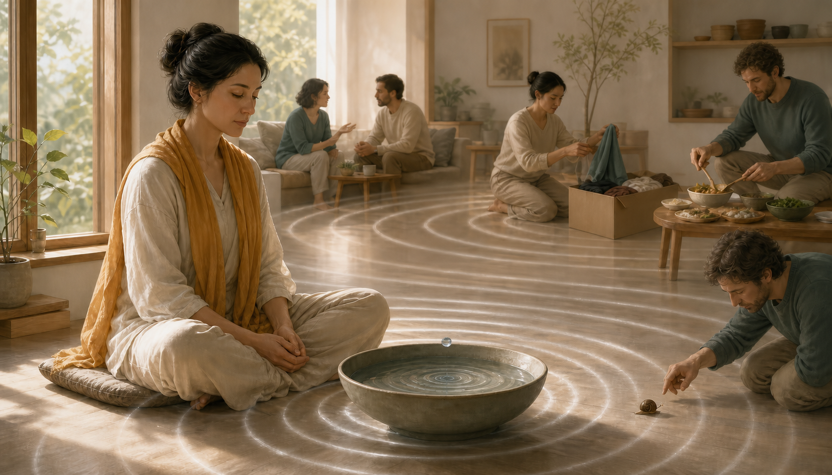 A practitioner reflects beside a water bowl as ripples connect the meditation to gentle speech, giving, careful use of food, and avoiding harm to a small creature.