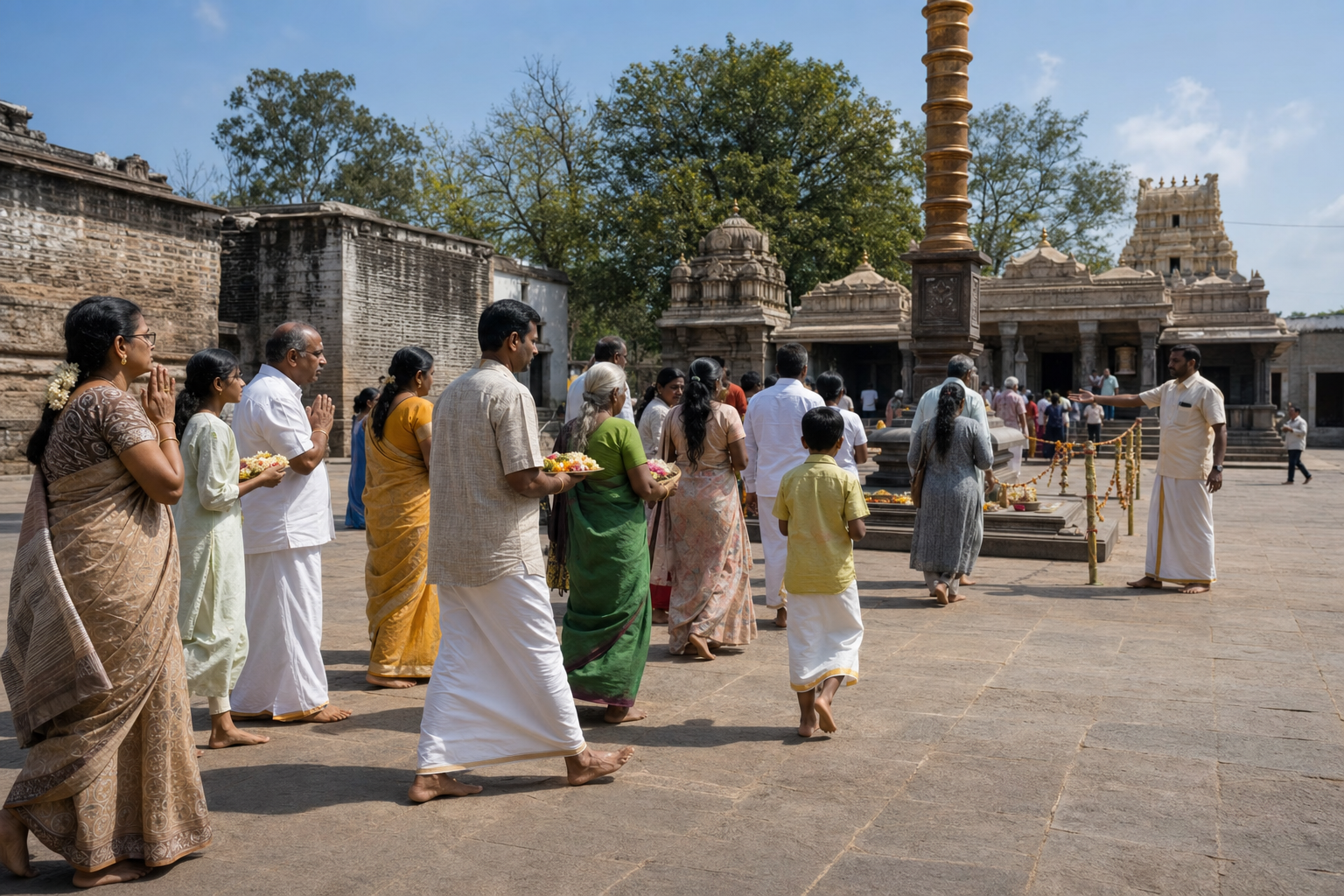 Barefoot pilgrims carrying flowers and fruit wait in an orderly temple courtyard queue while a flagstaff ceremony takes place ahead.