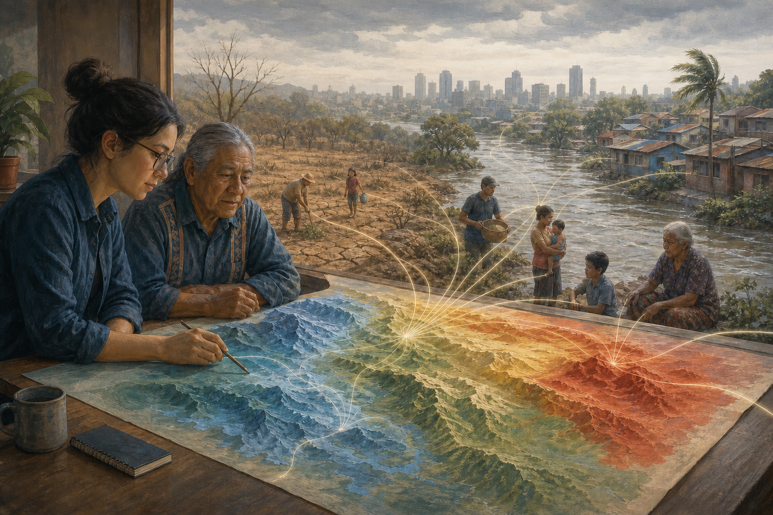 A researcher and an elder examine an unlabelled relief map that blends into scenes of drought, flooding, heat, homes, and farmland.