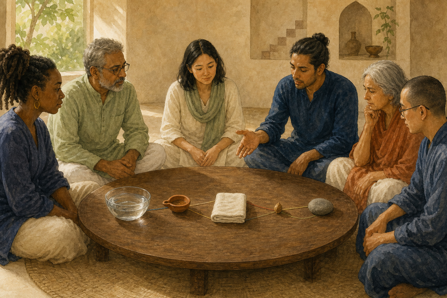 Adults seated around a low table examine separate bowls, cloth, seeds, stones, and connecting colored threads during a calm discussion.