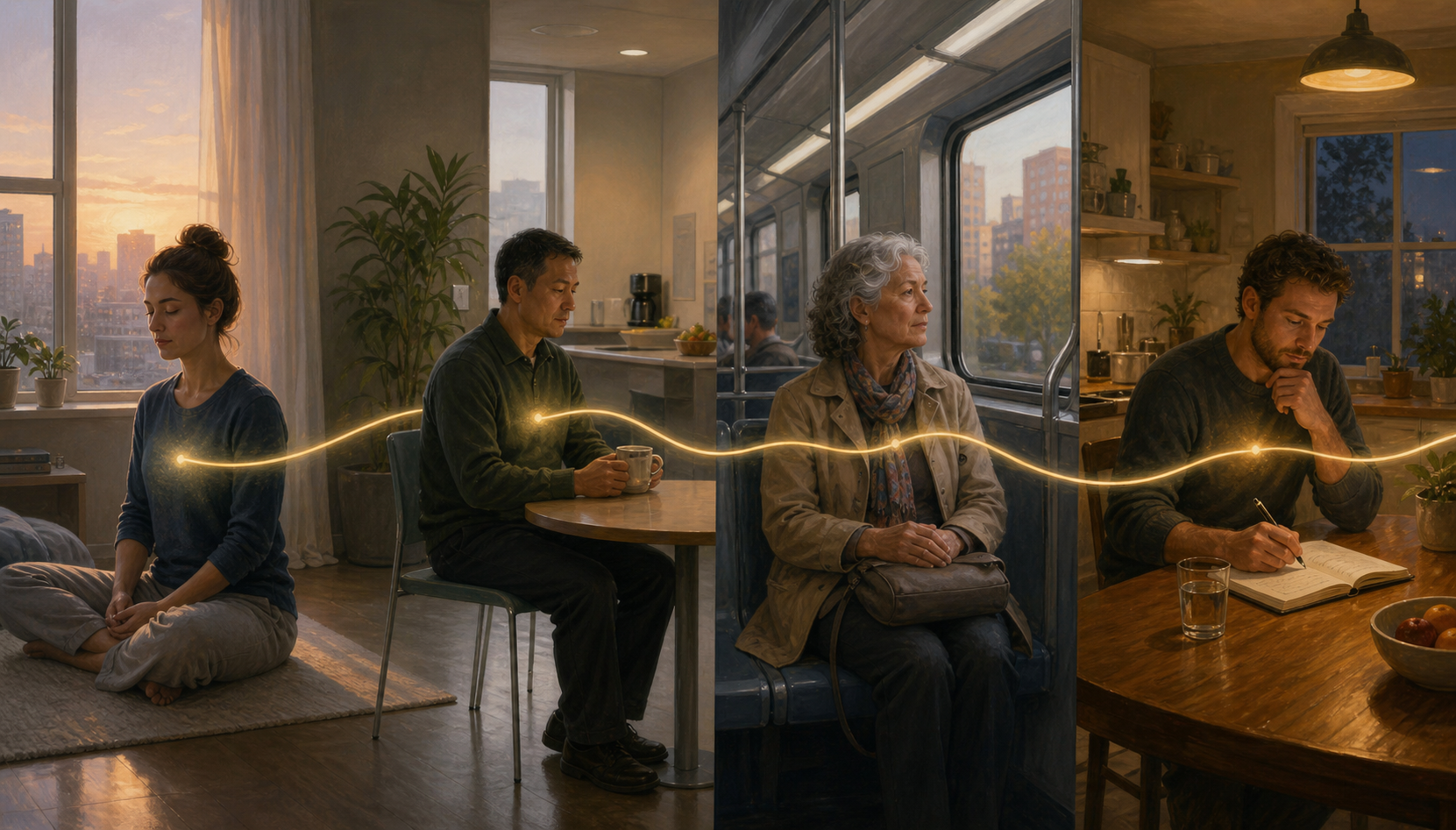 Four adults practice reflection and ethical restraint in an apartment, workplace, public transit, and a kitchen at different times of day.
