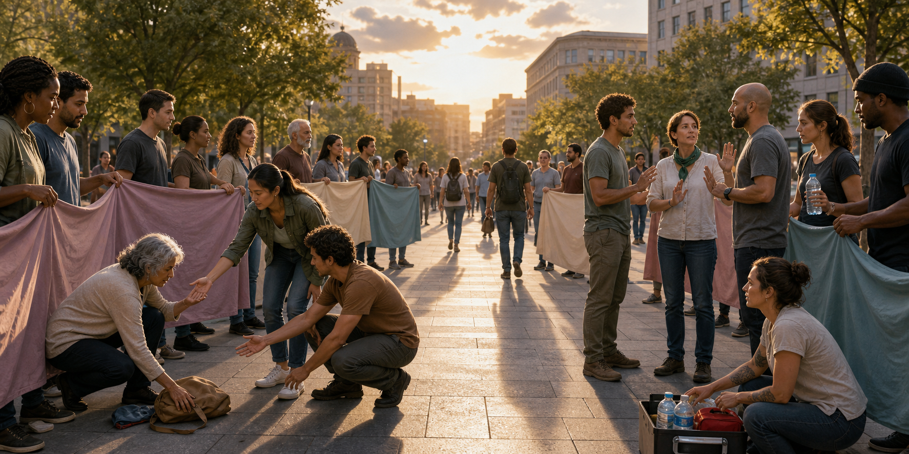 Peaceful demonstrators maintain an open walkway, help an older pedestrian, and calmly de-escalate tension in a public plaza.