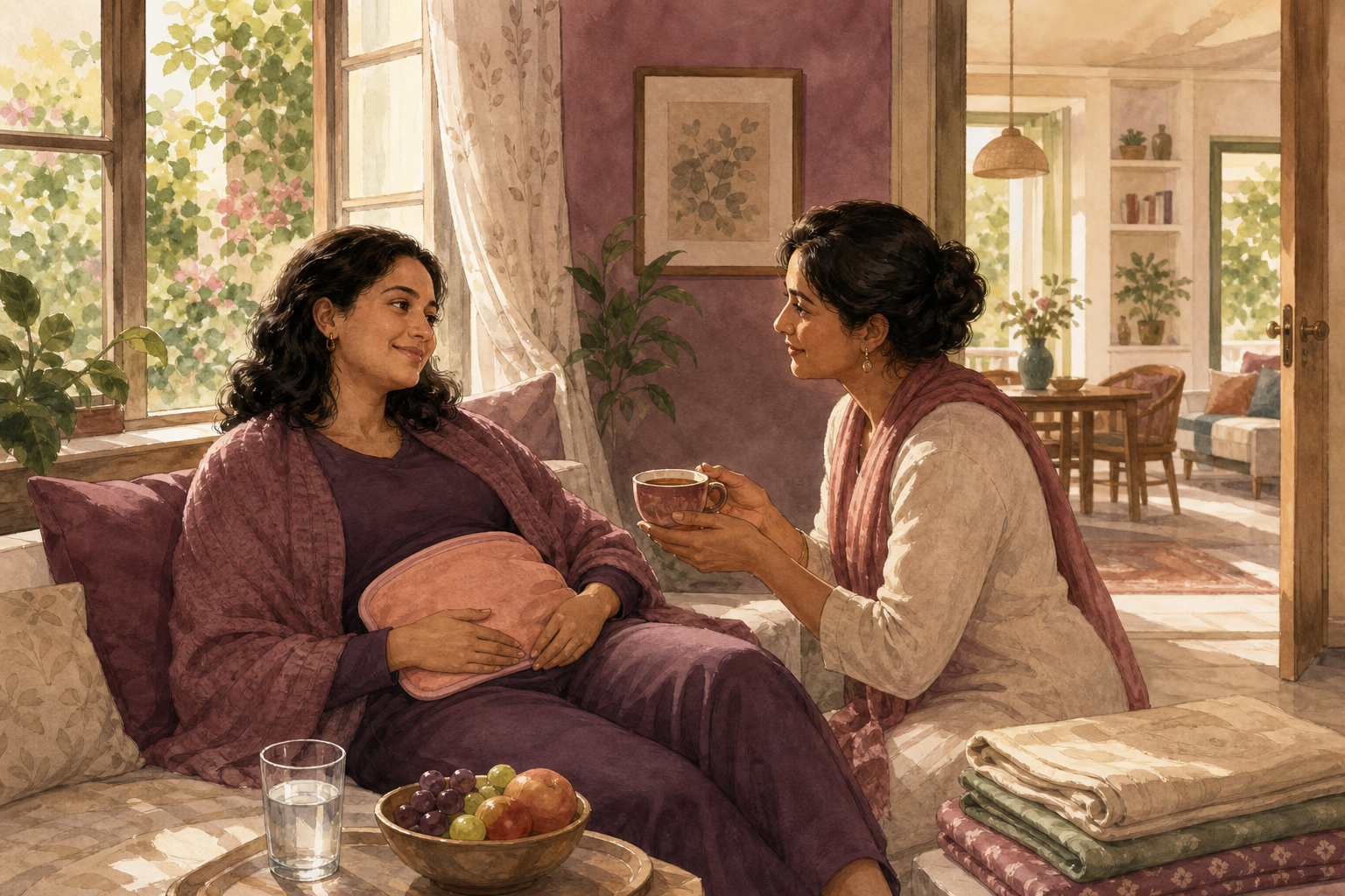 A woman with a warm compress rests by an open window while a family member offers her tea in an inclusive home setting.