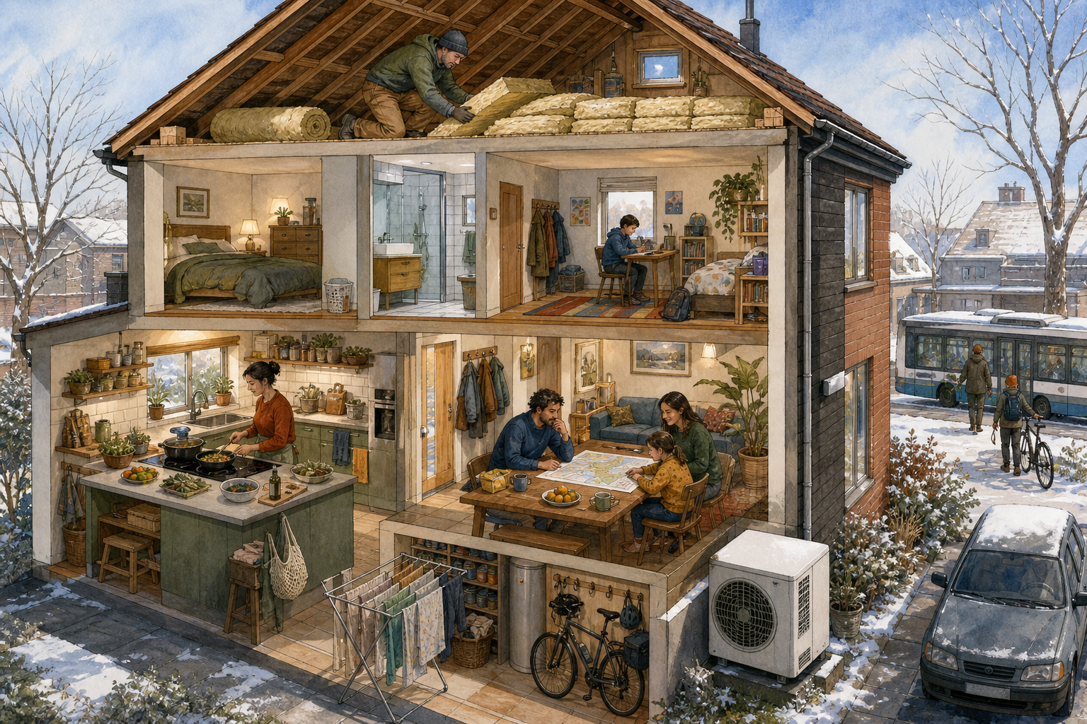 A household improves insulation and electric heating while cooking a plant-based meal, drying laundry, and preparing to travel by bicycle and transit.