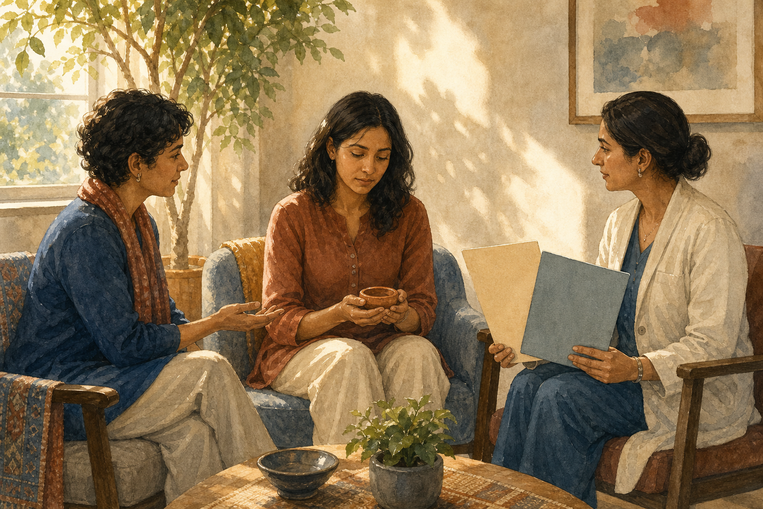 A patient holding a clay lamp consults with a healthcare professional and a support person in a quiet, sunlit room.