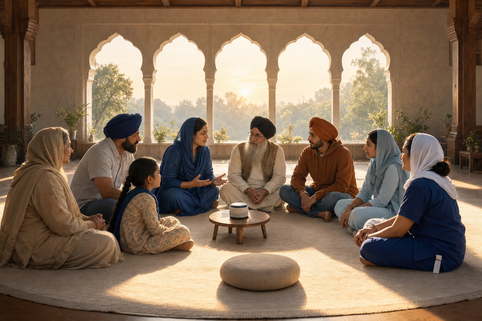 A diverse intergenerational community sits in a circle and evaluates a small artificial intelligence device together in a warmly lit hall.